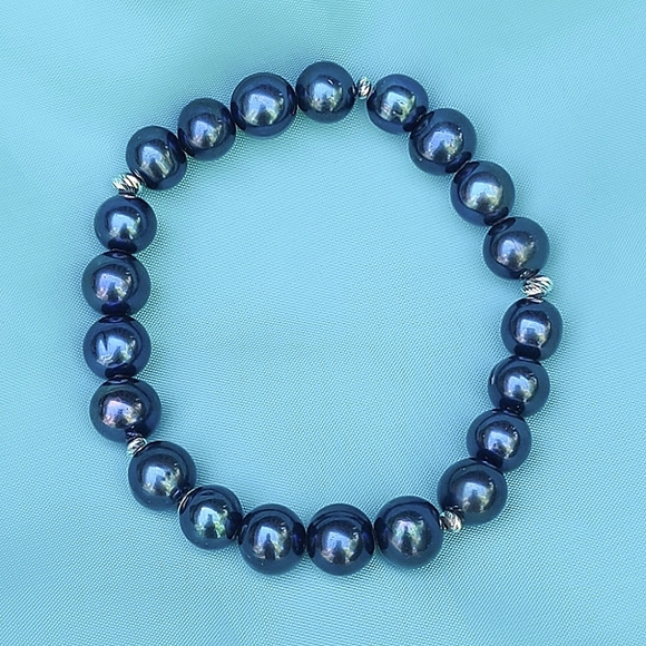 Jewelry - Cultured Freshwater Blue Pearl Stretch Bracelet Silver Separators, 6”